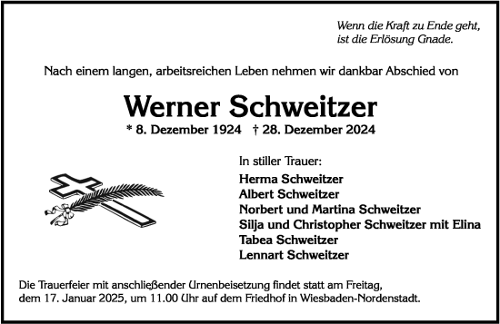 Traueranzeige von Werner Schweitzer von Wiesbadener Kurier