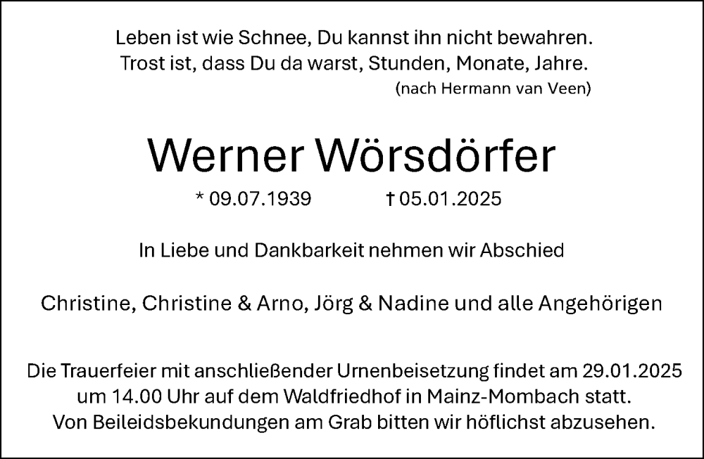  Traueranzeige für Werner Wörsdörfer vom 25.01.2025 aus Rüsselsheimer Echo