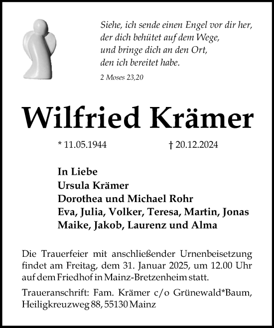 Traueranzeige von Wilfried Krämer von Allgemeine Zeitung Mainz
