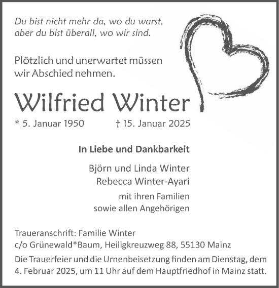 Traueranzeige von Wilfried Winter von Allgemeine Zeitung Mainz