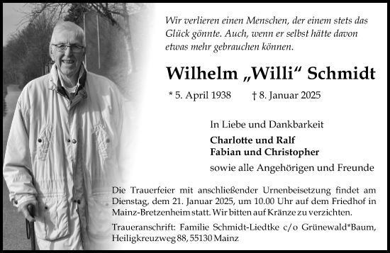 Traueranzeige von Wilhelm Schmidt von Allgemeine Zeitung Mainz