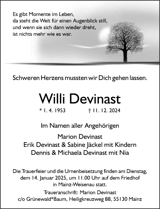 Traueranzeige von Willi Devinast von Allgemeine Zeitung Mainz