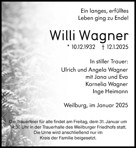 Traueranzeige von Willi Wagner von Weilburger Tageblatt
