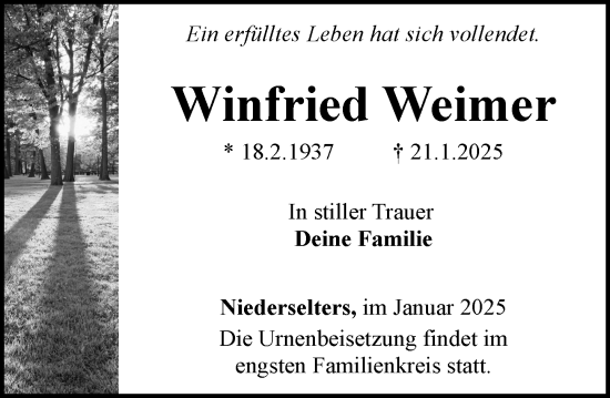 Traueranzeige von Winfried Weimer von Camberger Anzeiger