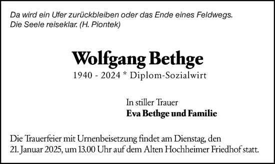 Traueranzeige von Wolfgang Bethge von Hochheimer Zeitung