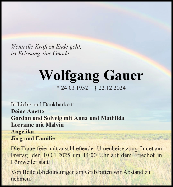 Traueranzeige von Wolfgang Gauer von Allgemeine Zeitung Mainz