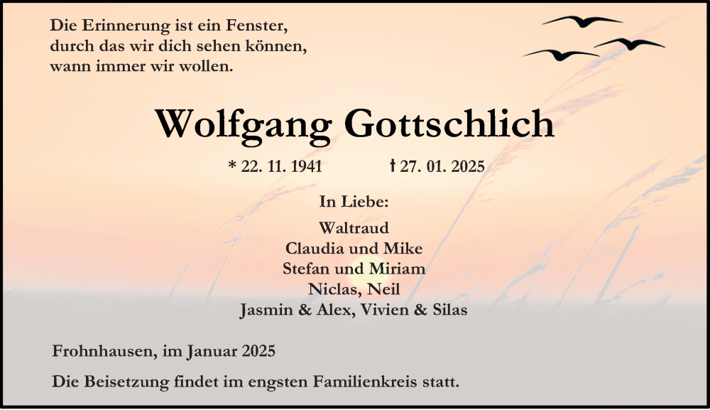  Traueranzeige für Wolfgang Gottschlich vom 29.01.2025 aus Dill Block