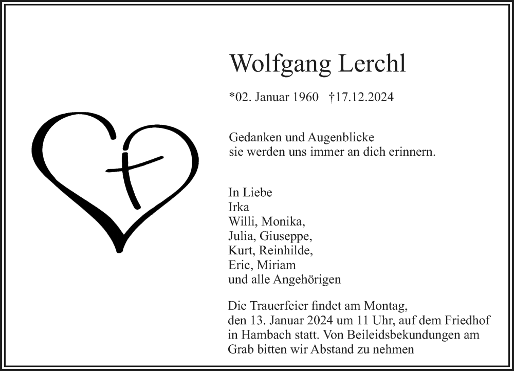  Traueranzeige für Wolfgang Lerchl vom 10.01.2025 aus Starkenburger Echo