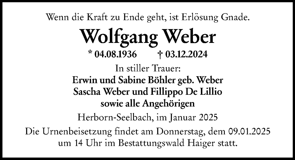 Traueranzeige für Wolfgang Weber vom 03.01.2025 aus Dill Block