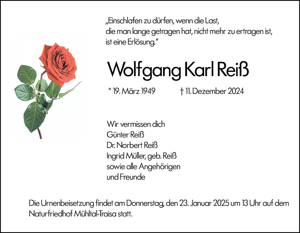  Traueranzeige für Wolfgang Karl Reiß vom 18.01.2025 aus Darmstädter Echo
