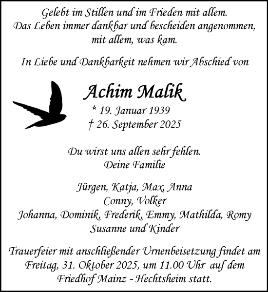 Traueranzeige von Achim Malik von Allgemeine Zeitung Mainz