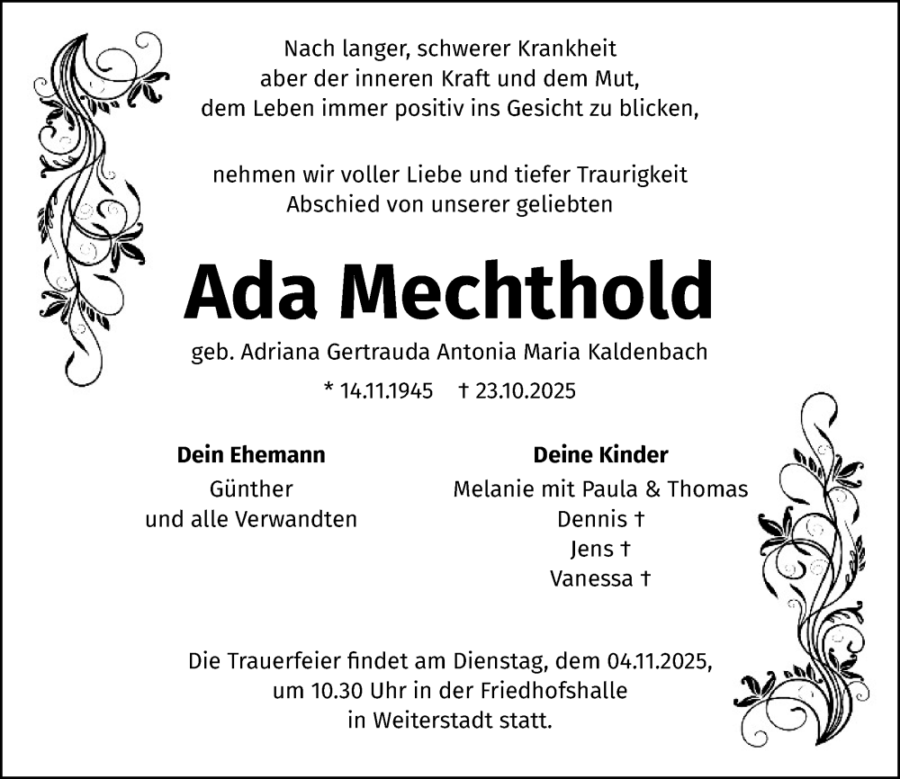  Traueranzeige für Ada Mechthold vom 01.11.2025 aus Darmstädter Echo