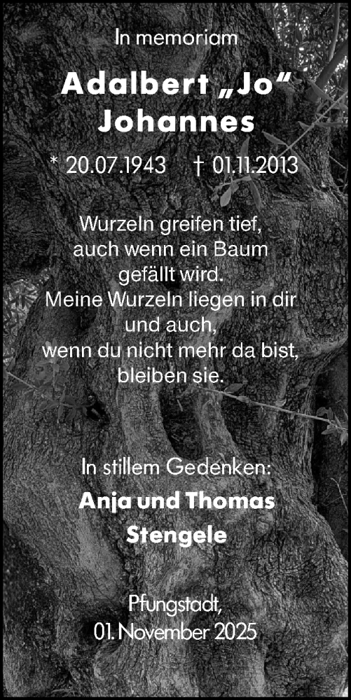 Traueranzeige für Adalbert Johannes vom 01.11.2025 aus Darmstädter Echo