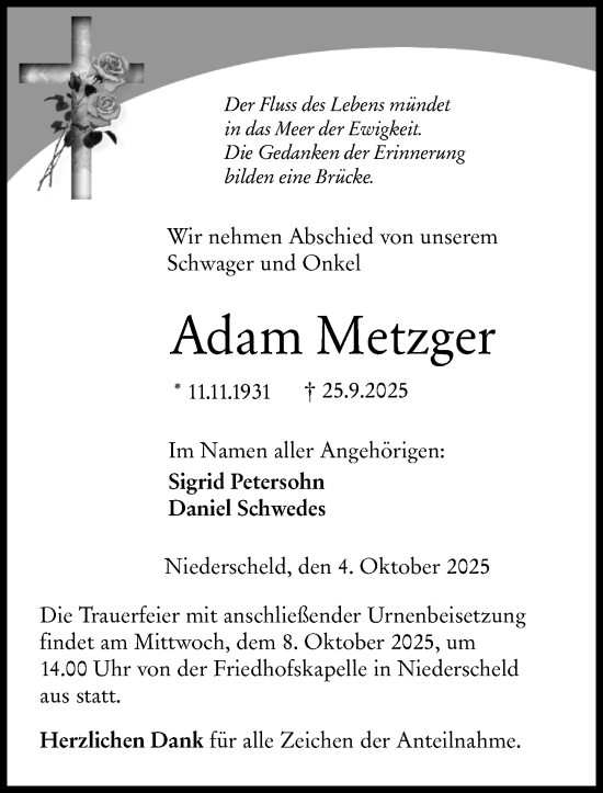 Traueranzeige von Adam Metzger von Dill Block