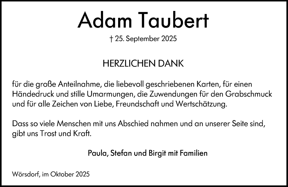  Traueranzeige für Adam Taubert vom 25.10.2025 aus Idsteiner Land/Untertaunus
