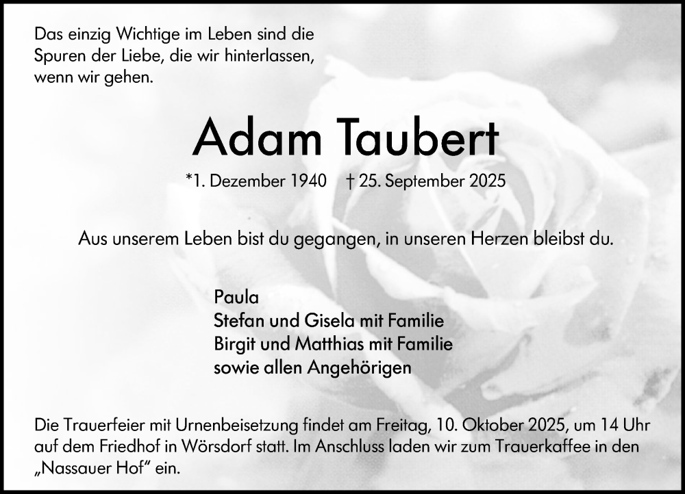  Traueranzeige für Adam Taubert vom 04.10.2025 aus Idsteiner Land/Untertaunus