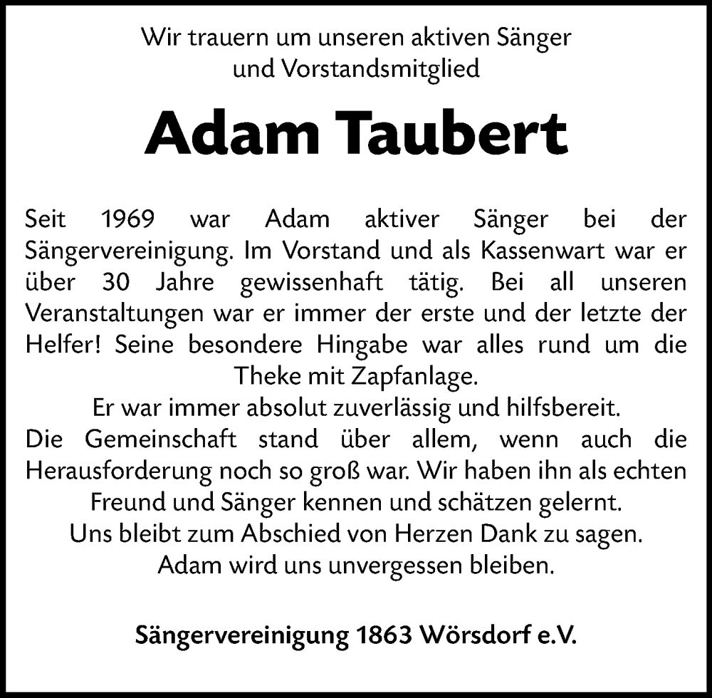  Traueranzeige für Adam Taubert vom 04.10.2025 aus Idsteiner Land/Untertaunus