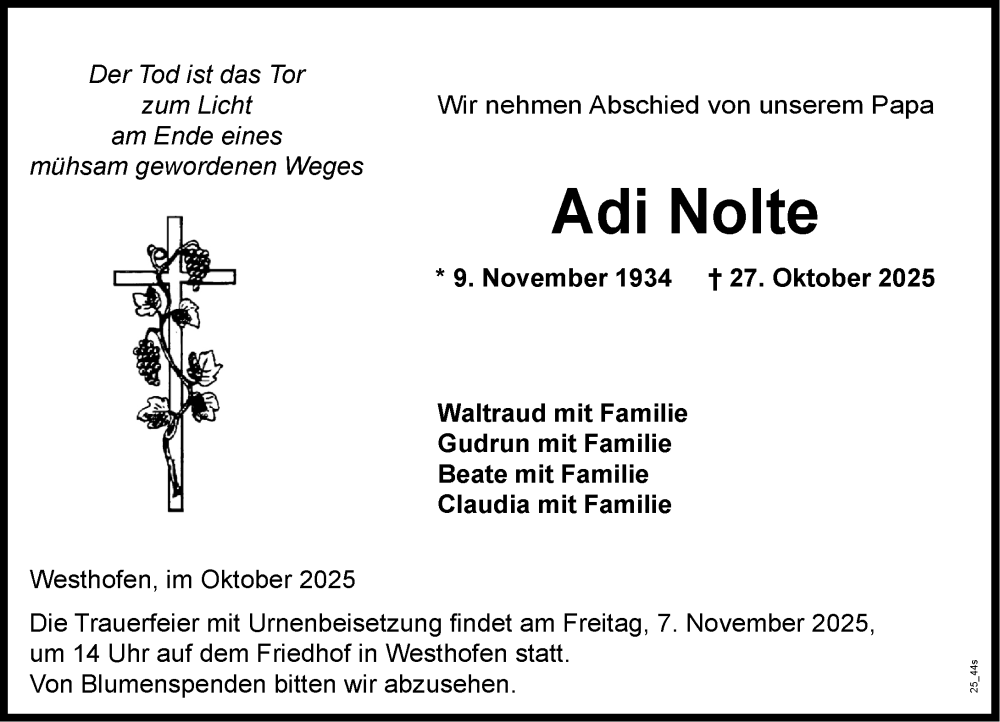  Traueranzeige für Adi Nolte vom 31.10.2025 aus Wormser Zeitung