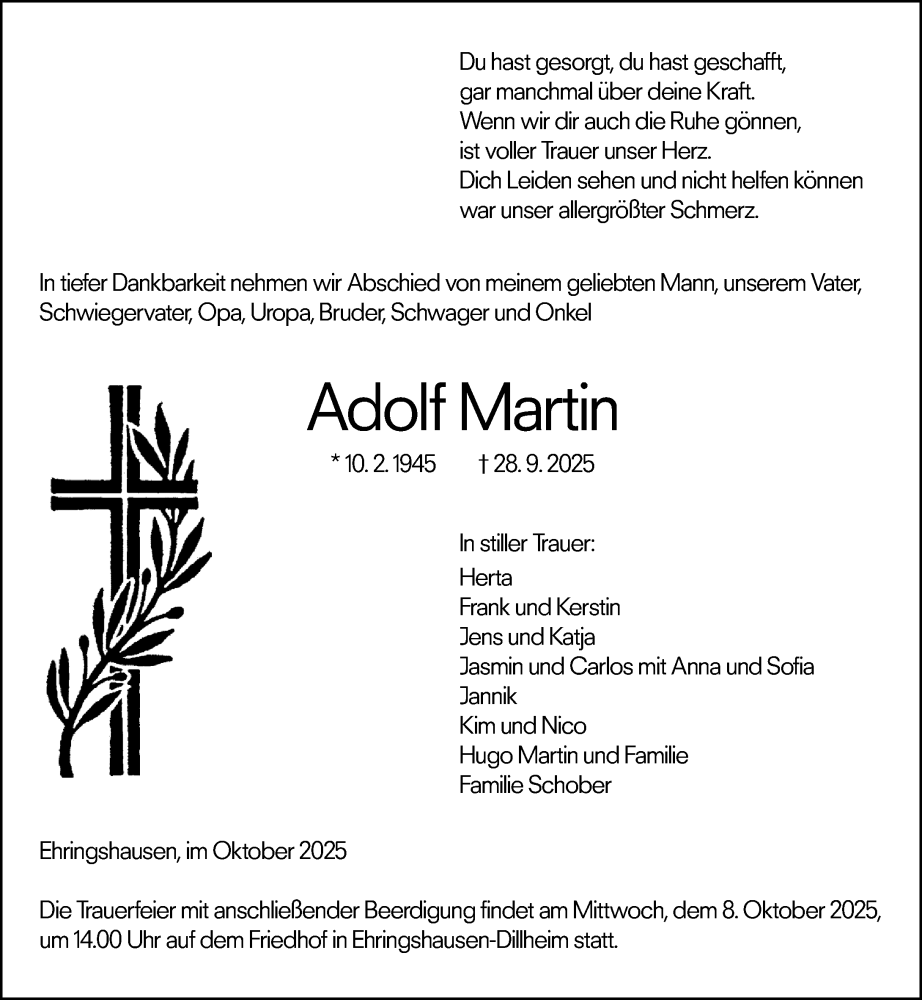  Traueranzeige für Adolf Martin vom 04.10.2025 aus Wetzlarer Neue Zeitung