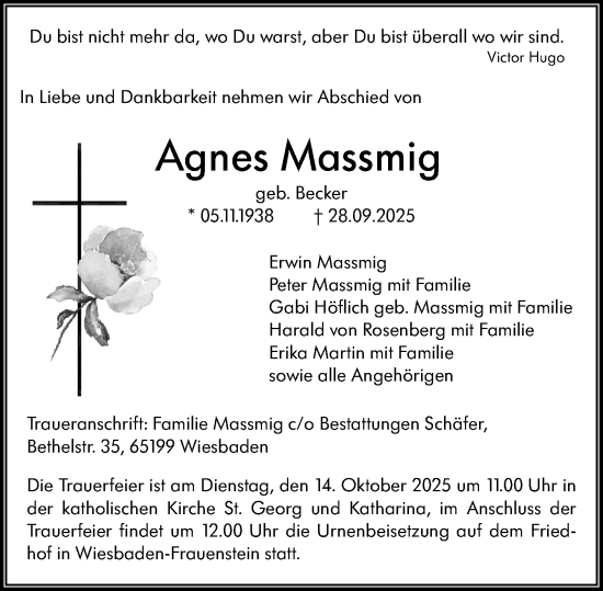 Traueranzeige von Agnes Massmig von Wiesbadener Kurier