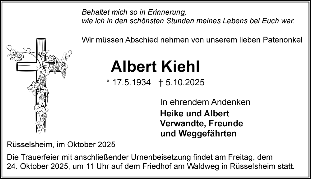  Traueranzeige für Albert Kiehl vom 18.10.2025 aus Rüsselsheimer Echo