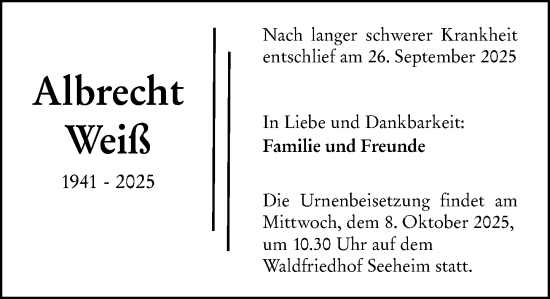 Traueranzeige von Albrecht Weiß von Darmstädter Echo