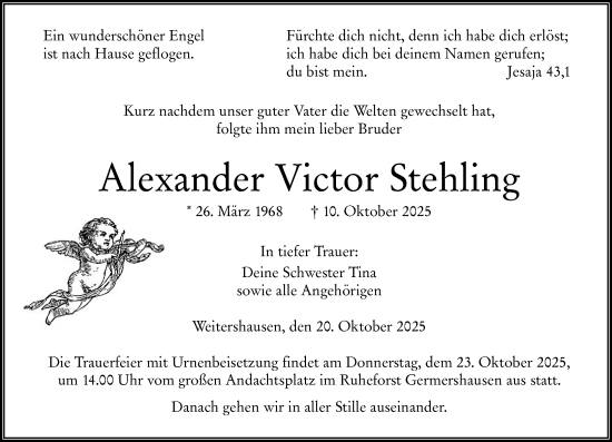 Traueranzeige von Alexander Victor Stehling von Hinterländer Anzeiger