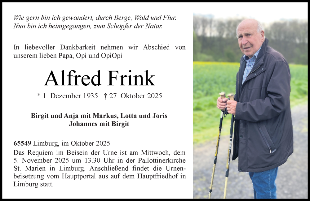  Traueranzeige für Alfred Frink vom 01.11.2025 aus Nassauische Neue Presse