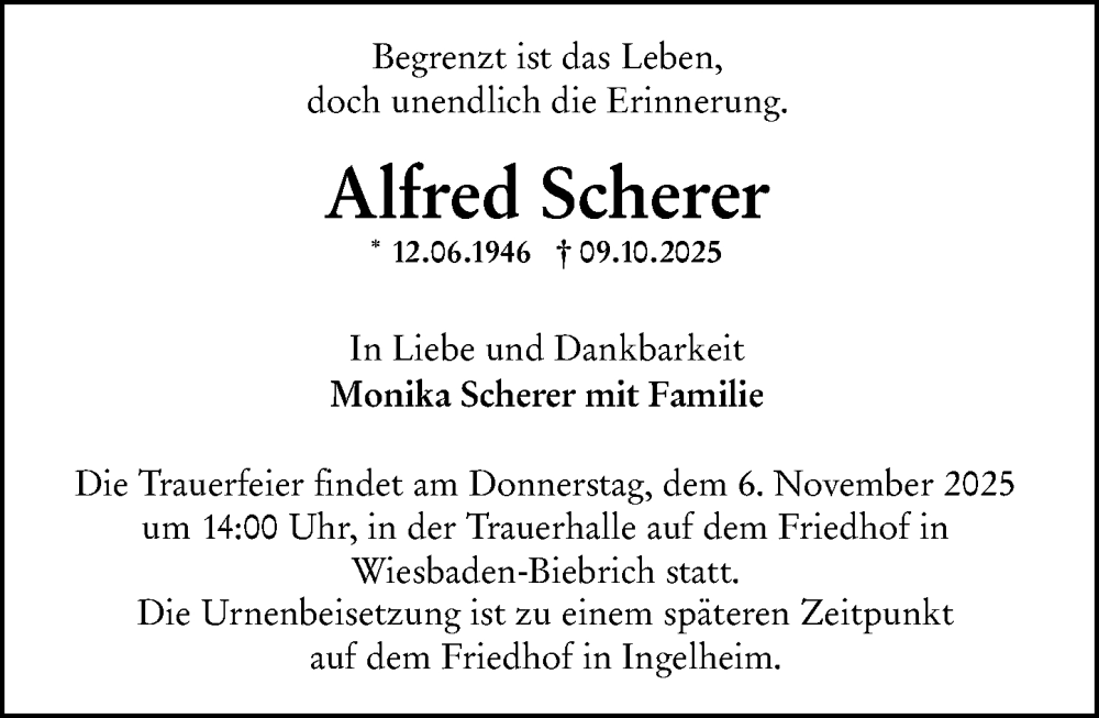  Traueranzeige für Alfred Scherer vom 25.10.2025 aus Wiesbadener Kurier
