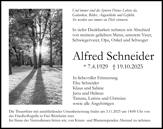 Traueranzeige von Alfred Schneider von Allgemeine Zeitung Rheinhessen-Nahe