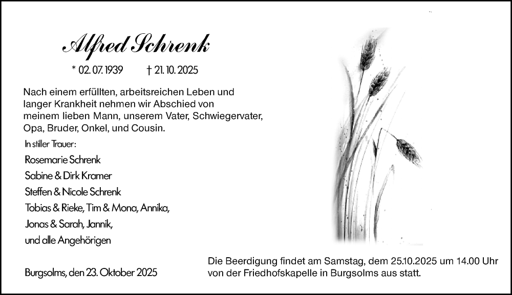  Traueranzeige für Alfred Schrenk vom 23.10.2025 aus Wetzlarer Neue Zeitung