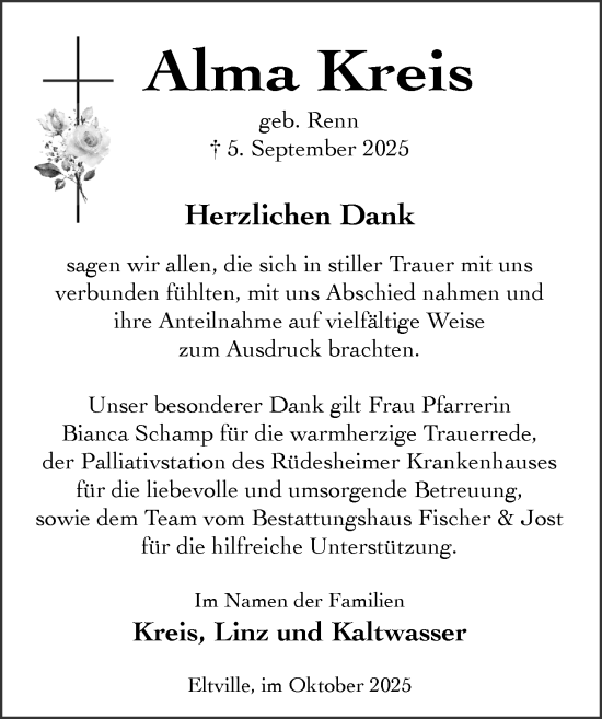 Traueranzeige von Alma Kreis von Rheingau Kurier