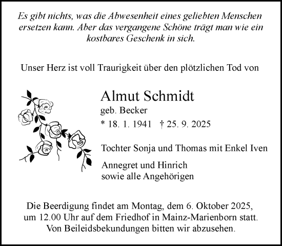 Traueranzeige von Almut Schmidt von Allgemeine Zeitung Mainz