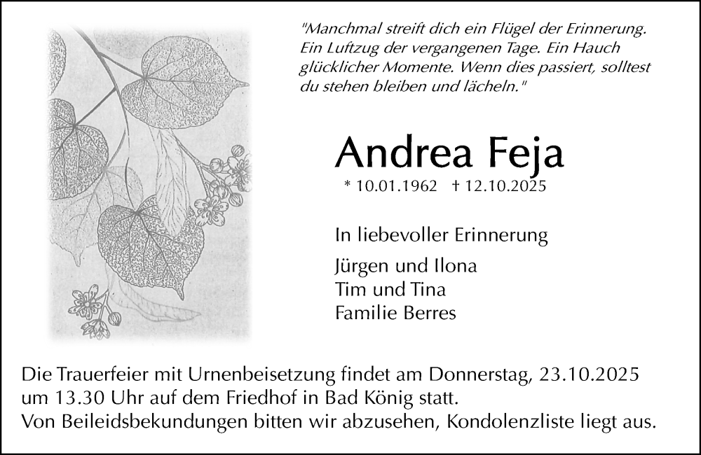  Traueranzeige für Andrea Feja vom 18.10.2025 aus Odenwälder Echo