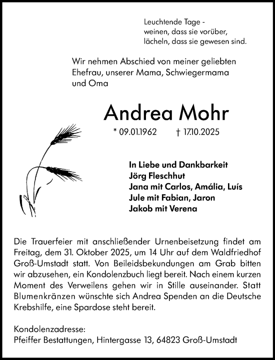 Traueranzeige von Andrea Mohr von Darmstädter Echo