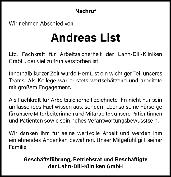 Traueranzeige von Andreas List von Wetzlarer Neue Zeitung