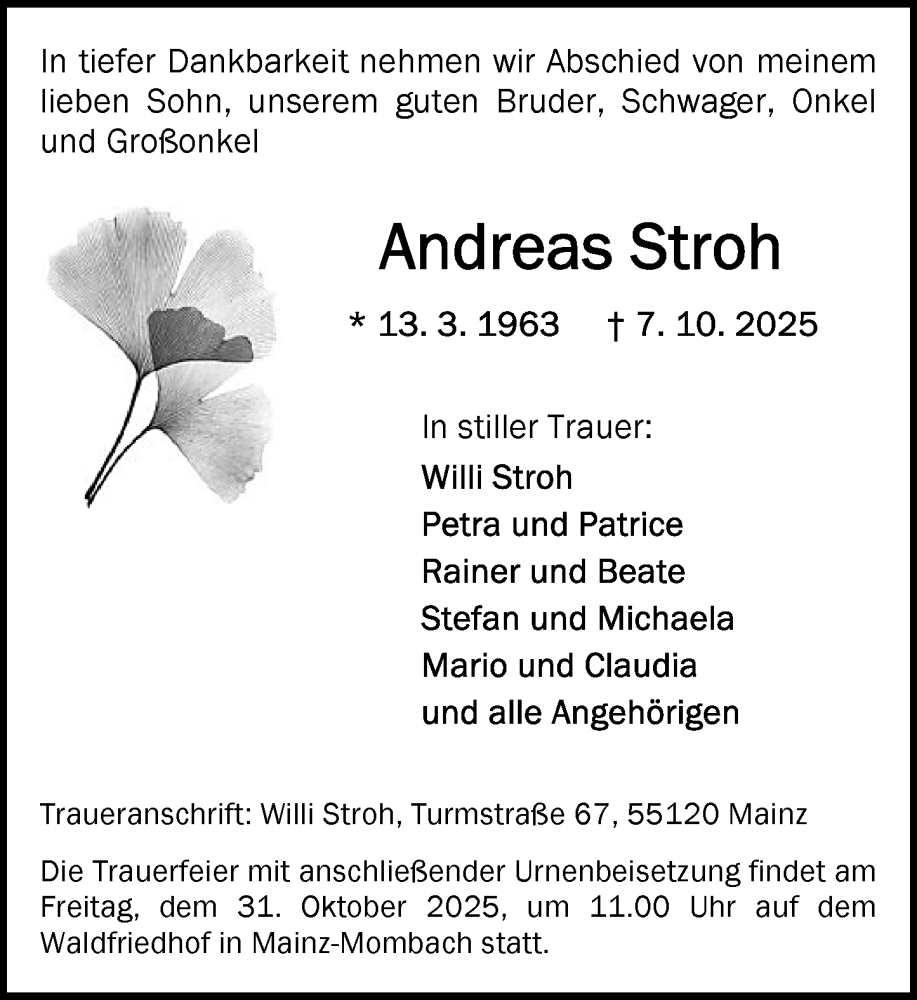  Traueranzeige für Andreas Stroh vom 25.10.2025 aus Allgemeine Zeitung Mainz