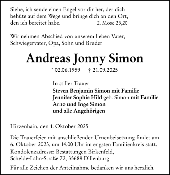 Traueranzeige von Andreas Jonny Simon von Dill Block