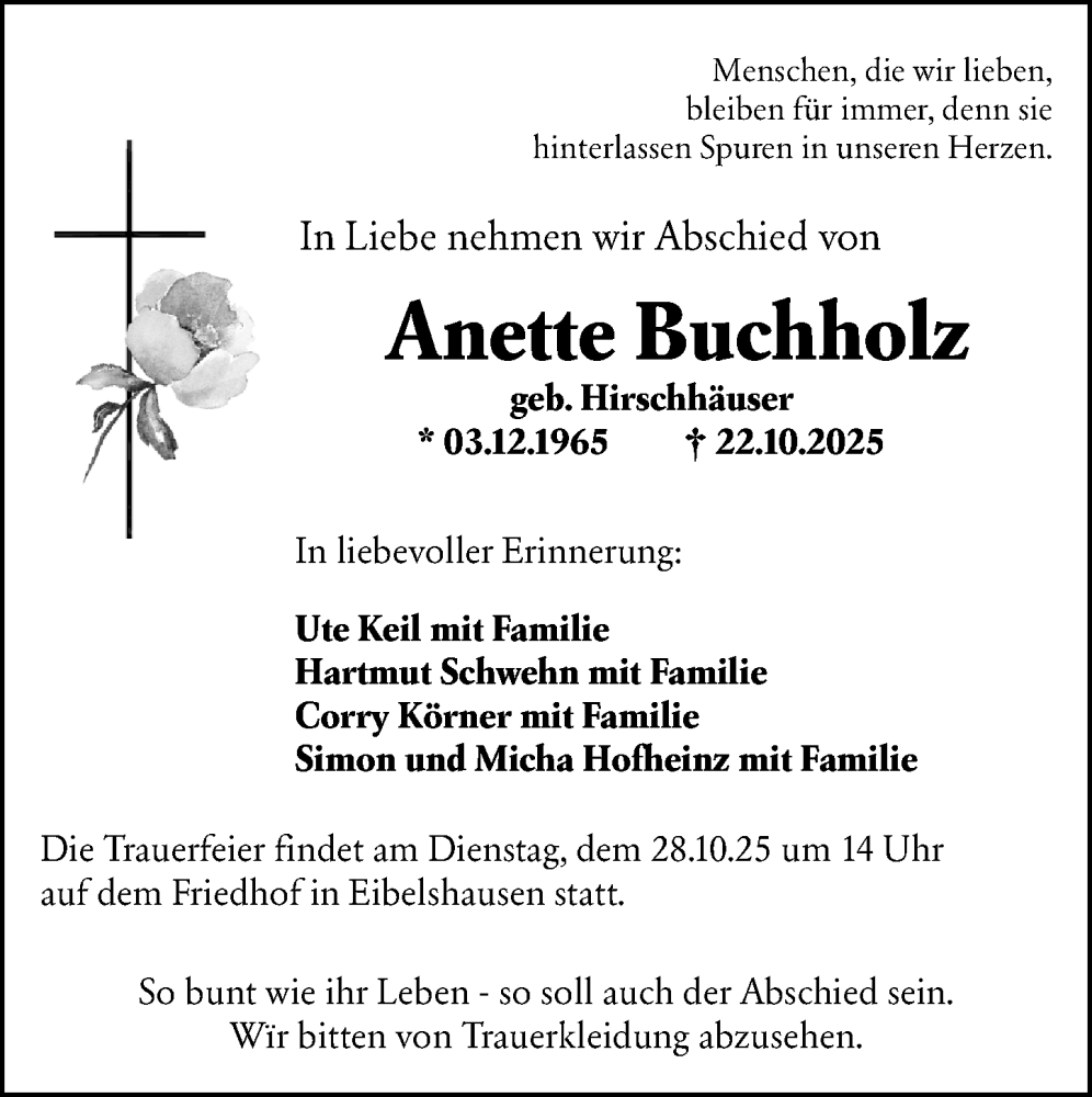  Traueranzeige für Anette Buchholz vom 25.10.2025 aus Dill Block