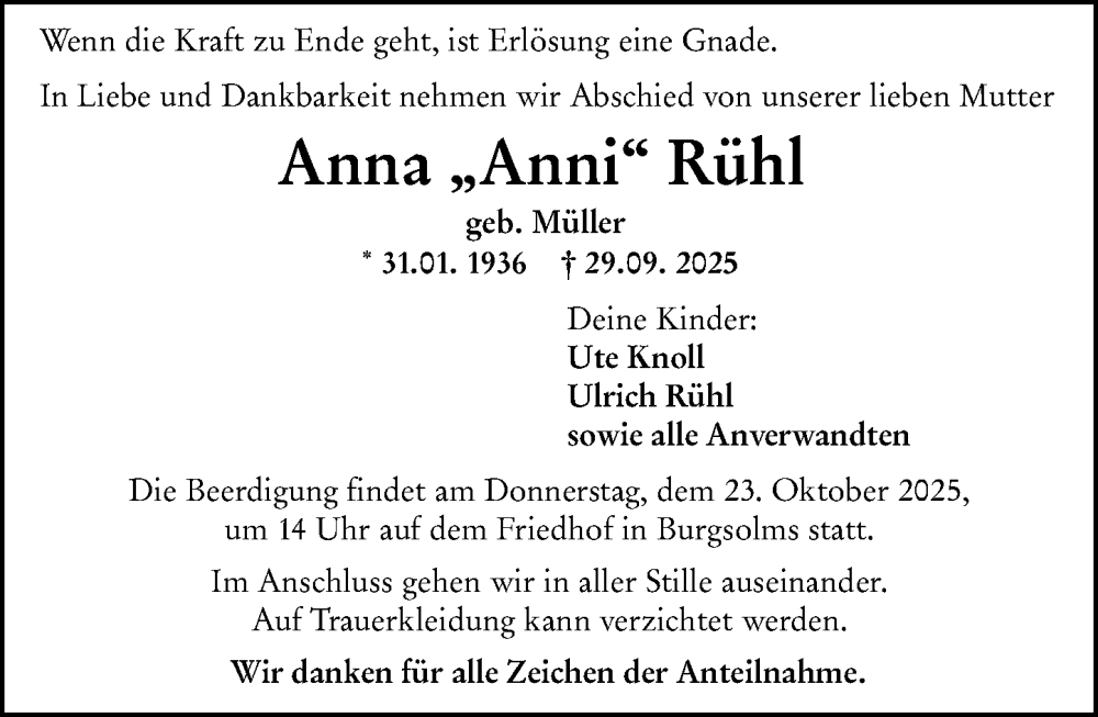  Traueranzeige für Anna Rühl vom 18.10.2025 aus Wetzlarer Neue Zeitung