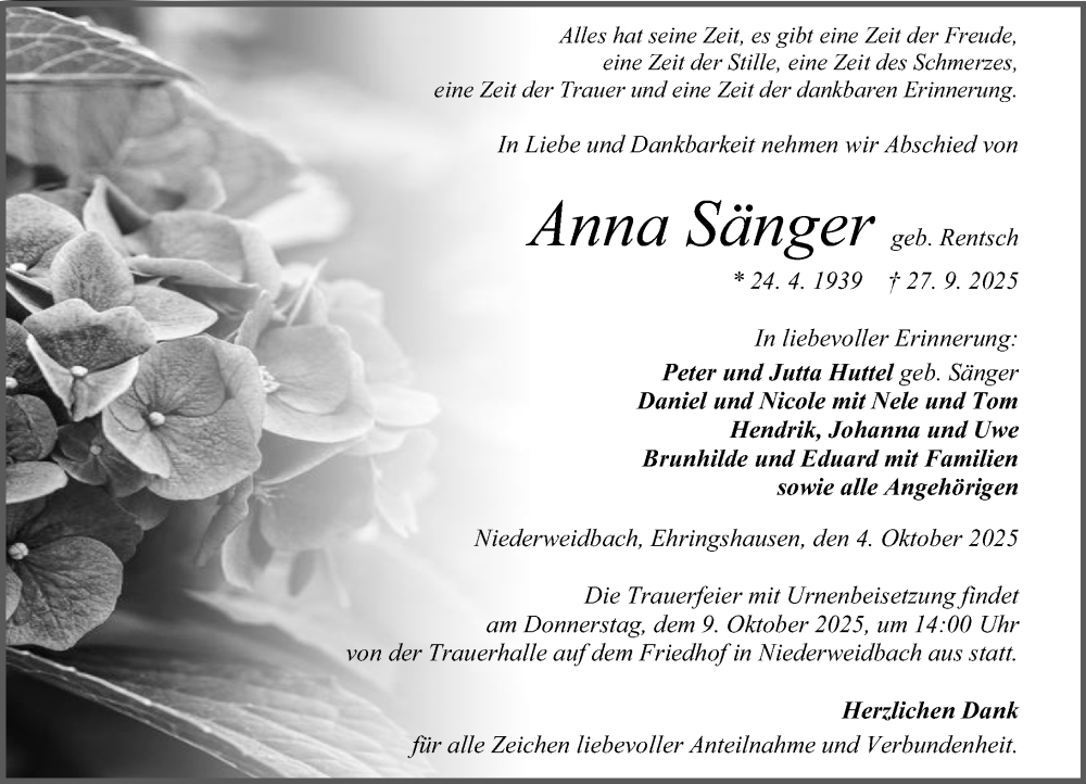  Traueranzeige für Anna Sänger vom 04.10.2025 aus Wetzlarer Neue Zeitung