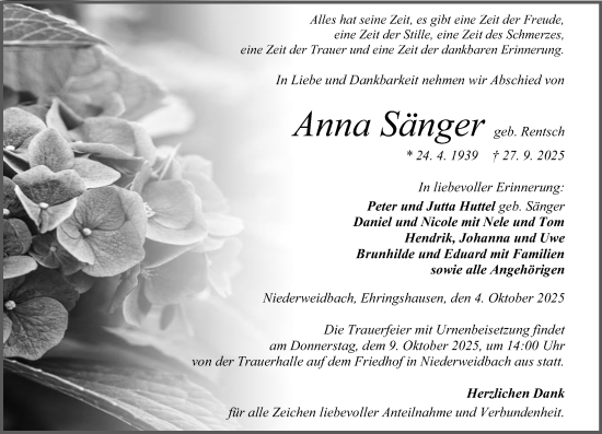 Traueranzeige von Anna Sänger von Wetzlarer Neue Zeitung