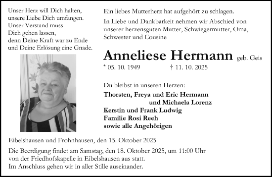 Traueranzeige von Anneliese Hermann von Dill Block