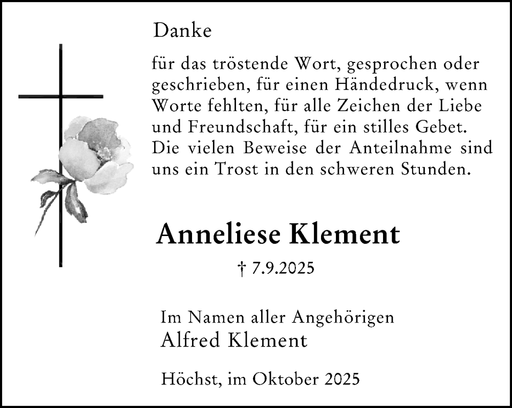  Traueranzeige für Anneliese Klement vom 25.10.2025 aus Odenwälder Echo