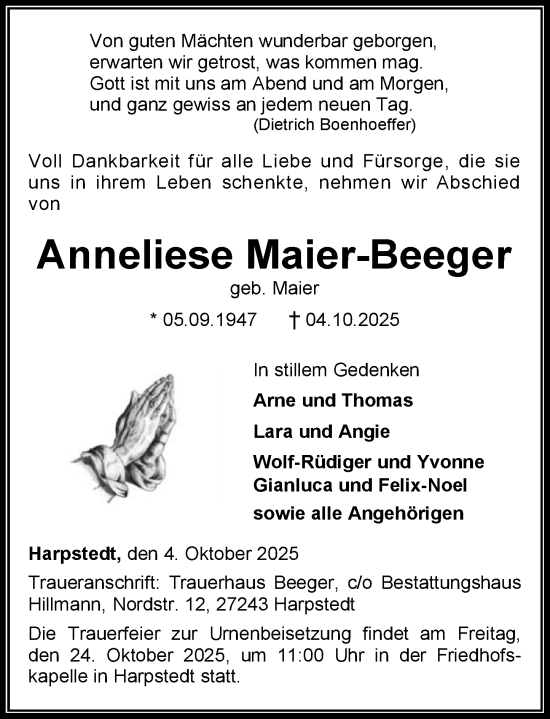Traueranzeige von Anneliese Maier-Beeger von Allgemeine Zeitung Rheinhessen-Nahe