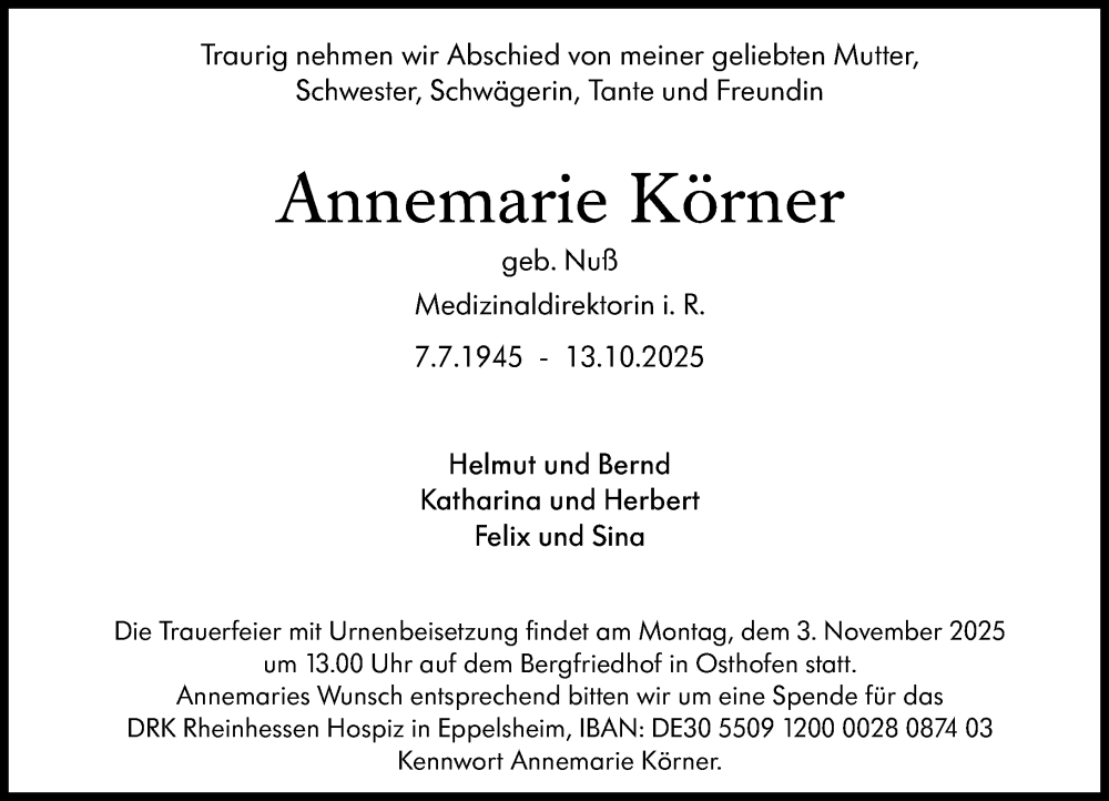  Traueranzeige für Annemarie Körner vom 29.10.2025 aus Wormser Zeitung