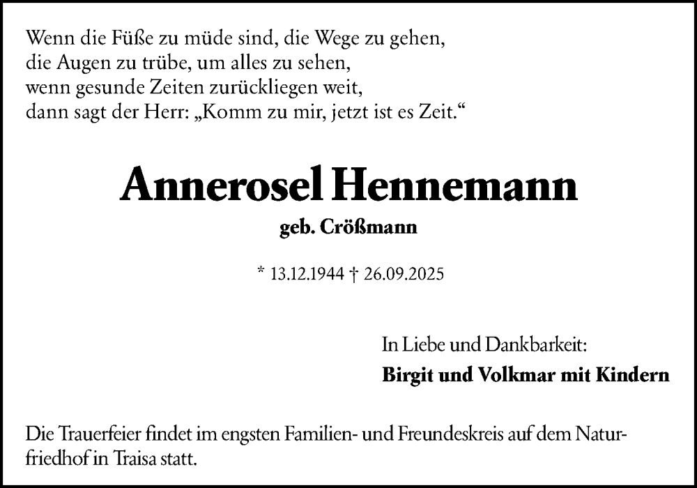  Traueranzeige für Annerosel Hennemann vom 15.10.2025 aus Darmstädter Echo