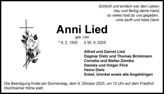 Traueranzeige von Anni Lied von Wormser Zeitung