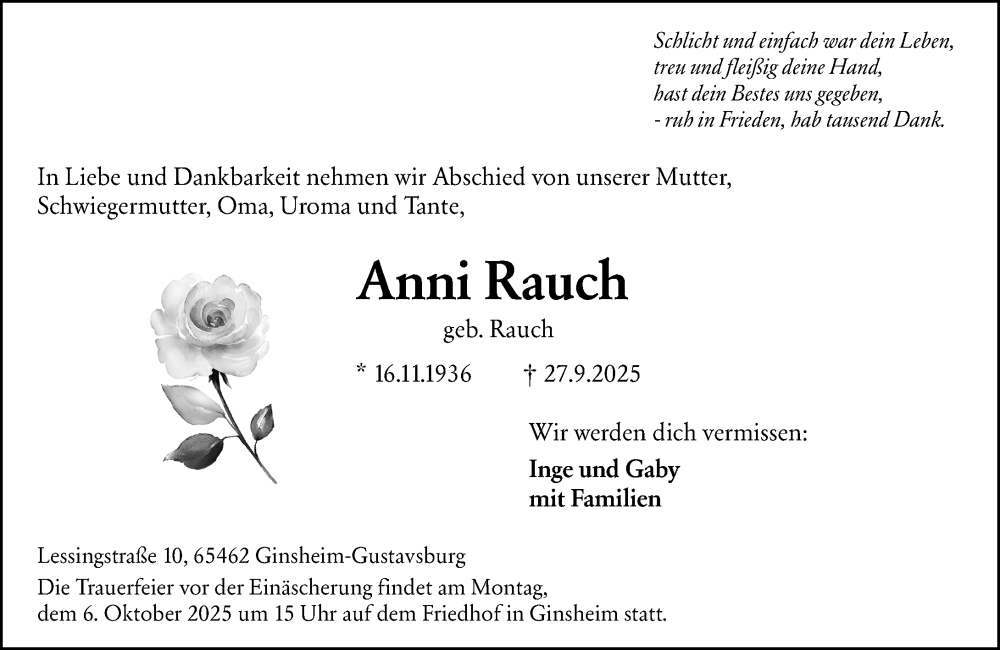  Traueranzeige für Anni Rauch vom 02.10.2025 aus Rüsselsheimer Echo
