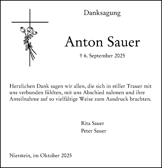 Traueranzeige von Anton Sauer von Allgemeine Zeitung Mainz